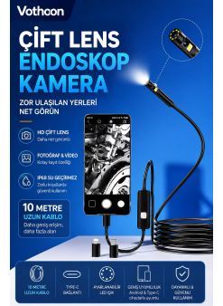 10 Metre Çift Kameralı İos/android Uyumlu Yılan Endoskop Kamera 8mm 2mp Led’li Sert Kablo