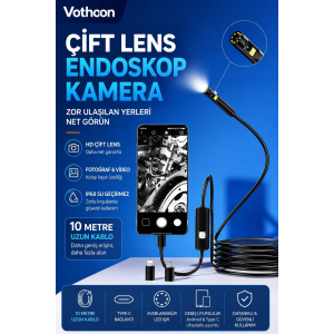 10 Metre Çift Kameralı İos/android Uyumlu Yılan Endoskop Kamera 8mm 2mp Led’li Sert Kablo