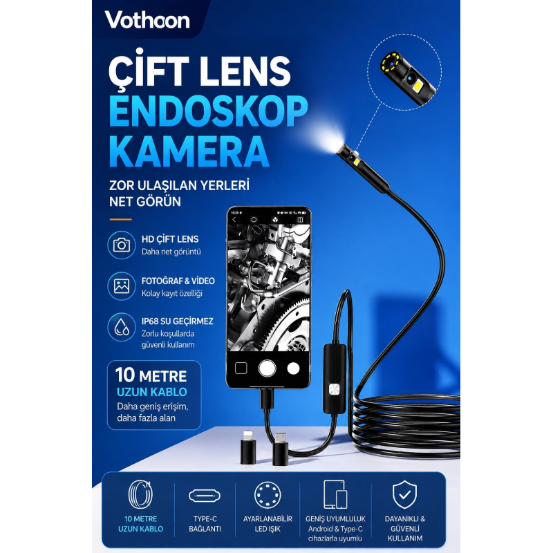 10 Metre Çift Kameralı İos/android Uyumlu Yılan Endoskop Kamera 8mm 2mp Led’li Sert Kablo 10 Metre Çift Kameralı İos/android Uyumlu Yılan Endoskop Kamera 8mm 2mp Led’li Sert Kablo