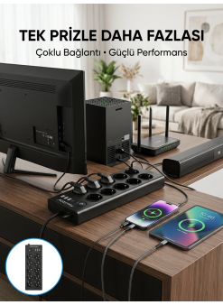 10 Prizli Usb Destekli Çoklu Priz Type-c Şarj Girişli Güvenli Güç Ünitesi