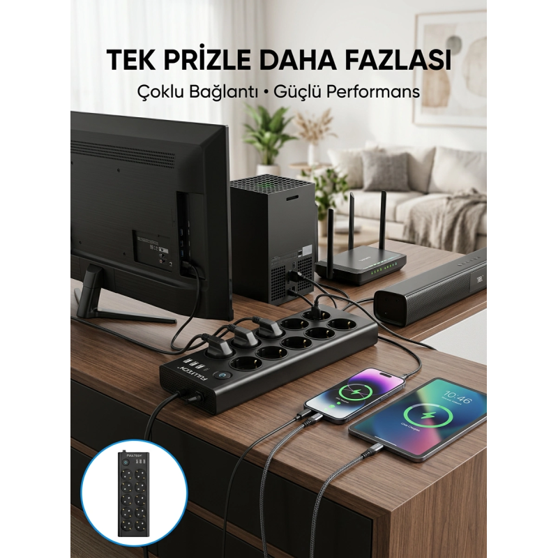 10 Prizli Usb Destekli Çoklu Priz Type-c Şarj Girişli Güvenli Güç Ünitesi 10 Prizli Usb Destekli Çoklu Priz Type-c Şarj Girişli Güvenli Güç Ünitesi