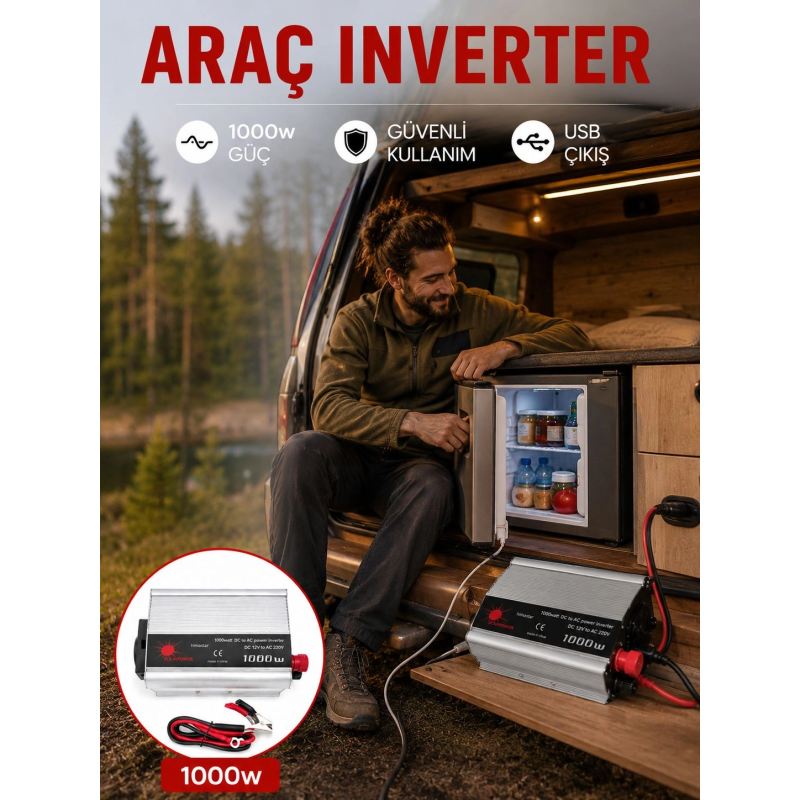 1000 Watt Oto İnvertör Elektrik Dönüştürücü Ev Tipi Priz 1000 Watt Oto İnvertör Elektrik Dönüştürücü Ev Tipi Priz