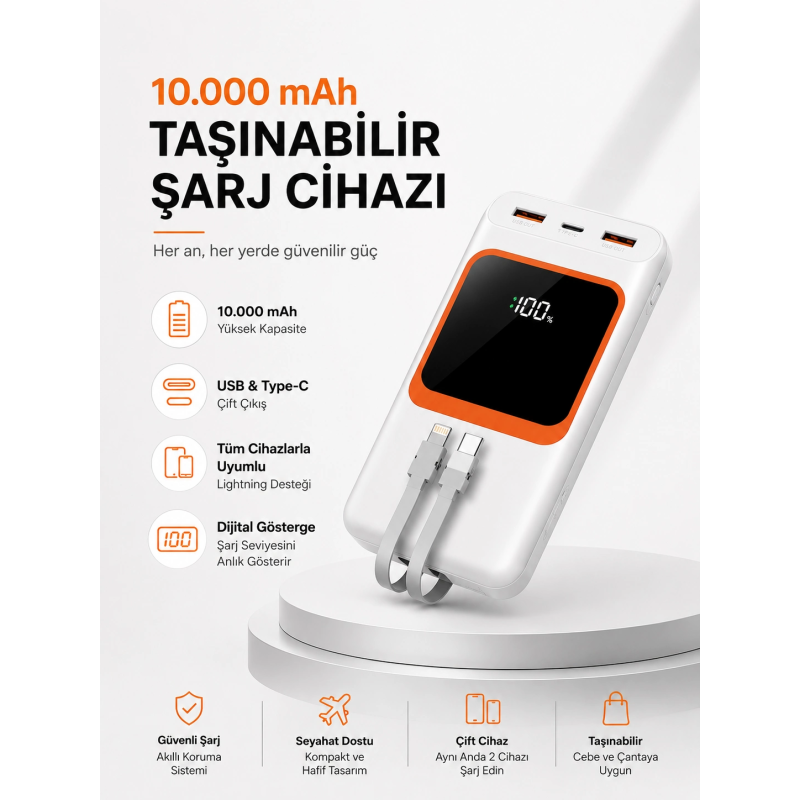10.000 Mah Bataryalı, Dijital Göstergeli Taşınabilir Powerbank 10.000 Mah Bataryalı, Dijital Göstergeli Taşınabilir Powerbank