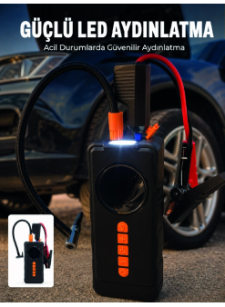 10000mah Şarjlı Araç Kompresörü Akü Takviye Cihazı Powerbank Özellikli Dijital Lastik Şişirme Pompası