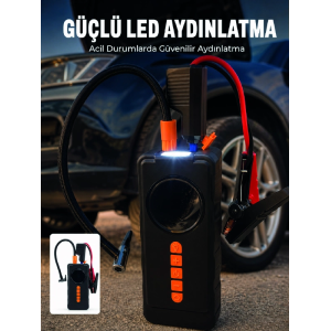 10000mah Şarjlı Araç Kompresörü Akü Takviye Cihazı Powerbank Özellikli Dijital Lastik Şişirme Pompası