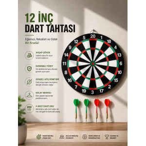 12 İnç Ahşap Dart Tahtası 4 Adet Metal Uçlu Dart Oku Dahil