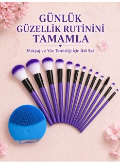 12 Parça Makyaj Fırçası Ve Silikon Yüz Temizleyici Cihaz İkili Güzellik Ve Kişisel Bakım Seti