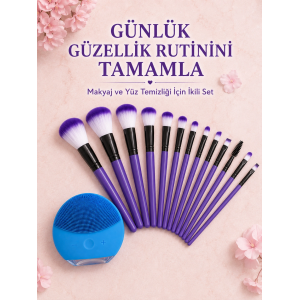 12 Parça Makyaj Fırçası Ve Silikon Yüz Temizleyici Cihaz İkili Güzellik Ve Kişisel Bakım Seti