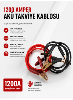 1200 Amper Akü Takviye Kablosu 2 Metre Bakır Uçlu
