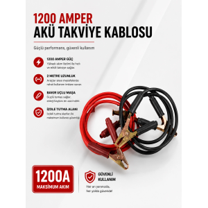 1200 Amper Akü Takviye Kablosu 2 Metre Bakır Uçlu