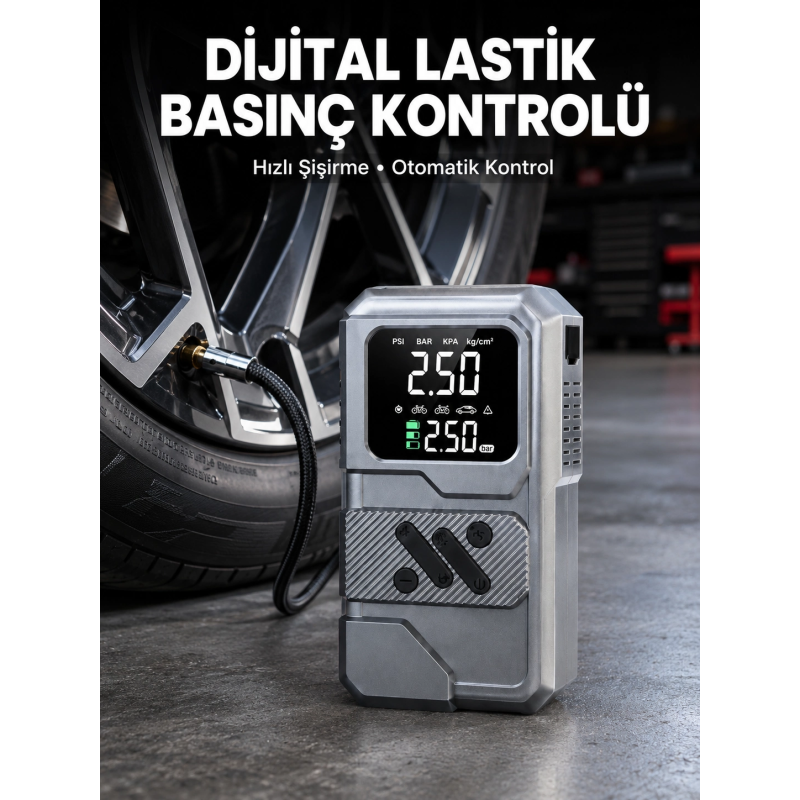 12.000 Mah Akü Takviye Destekli Led Işıklı Araç Kompresörü 12.000 Mah Akü Takviye Destekli Led Işıklı Araç Kompresörü