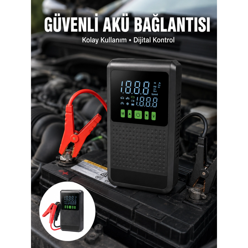 12.000 Mah Şarjlı Araç Akü Takviye Ve Işıklı Hava Kompresörü Yeni Nesil 12.000 Mah Şarjlı Araç Akü Takviye Ve Işıklı Hava Kompresörü Yeni Nesil