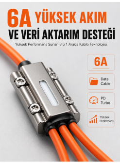 120w Hızlı Şarj Destekli 3ü 1 Arada Çok Amaçlı Şarj Ve Veri Aktarım Kablosu
