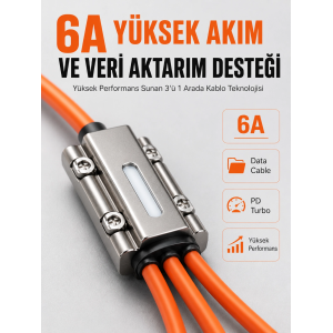 120w Hızlı Şarj Destekli 3ü 1 Arada Çok Amaçlı Şarj Ve Veri Aktarım Kablosu