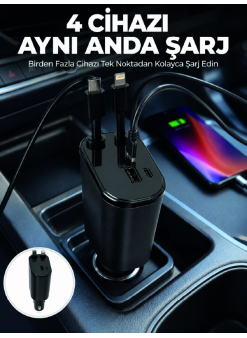120w Hızlı Şarj Destekli 4ü 1 Arada Araç Şarj Cihazı Type-c, Lightning, Usb Ve Usb-c Çıkışlı