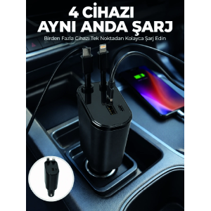 120w Hızlı Şarj Destekli 4ü 1 Arada Araç Şarj Cihazı Type-c, Lightning, Usb Ve Usb-c Çıkışlı