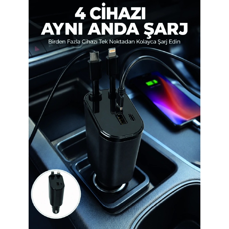 120w Hızlı Şarj Destekli 4ü 1 Arada Araç Şarj Cihazı Type-c, Lightning, Usb Ve Usb-c Çıkışlı 120w Hızlı Şarj Destekli 4ü 1 Arada Araç Şarj Cihazı Type-c, Lightning, Usb Ve Usb-c Çıkışlı