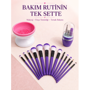 12’li Makyaj Fırça Seti Fırça Temizleme Cihazı Ve Manikür Pedikür Seti 3’lü Kadın Güzellik Bakım Paketi