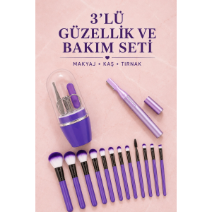 12’li Makyaj Fırça Seti Kaş Düzeltme Cihazı Ve Tırnak Bakım Seti 3’lü Kadın Güzellik Ve Kişisel Bakım Seti