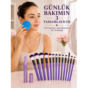 12’li Makyaj Fırça Seti Kaş Düzeltme Cihazı Ve Yüz Temizleme Cihazı 3’lü Kadın Güzellik Ve Bakım Seti