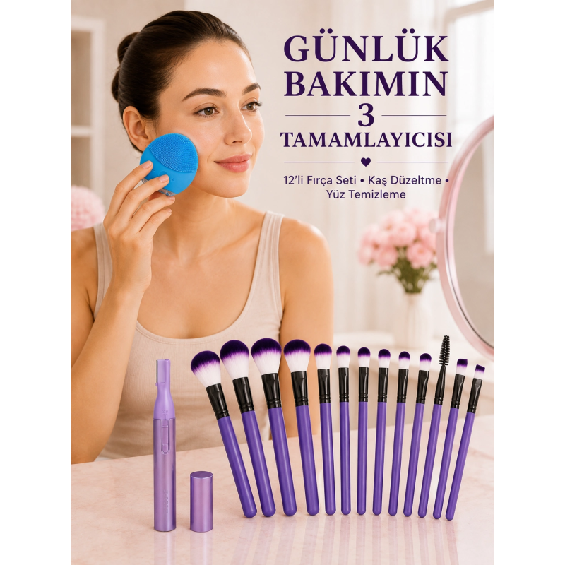 12’li Makyaj Fırça Seti Kaş Düzeltme Cihazı Ve Yüz Temizleme Cihazı 3’lü Kadın Güzellik Ve Bakım Seti 12’li Makyaj Fırça Seti Kaş Düzeltme Cihazı Ve Yüz Temizleme Cihazı 3’lü Kadın Güzellik Ve Bakım Seti