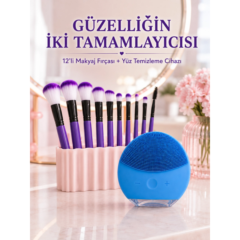 12’li Mor Makyaj Fırça Seti Ve Silikon Yüz Temizleme Cihazı İkili Makyaj Ve Cilt Bakım Seti 12’li Mor Makyaj Fırça Seti Ve Silikon Yüz Temizleme Cihazı İkili Makyaj Ve Cilt Bakım Seti