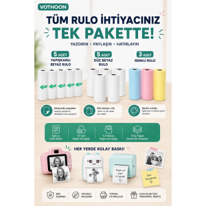13’lü Mini Yazıcı Termal Rulo Seti Çocuk Kamera Baskı Kağıdı 5 Yapışkanlı 5 Düz Beyaz 3 Renkli