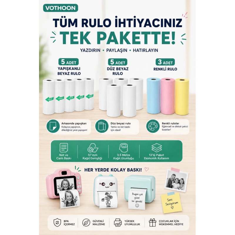 13’lü Mini Yazıcı Termal Rulo Seti Çocuk Kamera Baskı Kağıdı 5 Yapışkanlı 5 Düz Beyaz 3 Renkli 13’lü Mini Yazıcı Termal Rulo Seti Çocuk Kamera Baskı Kağıdı 5 Yapışkanlı 5 Düz Beyaz 3 Renkli