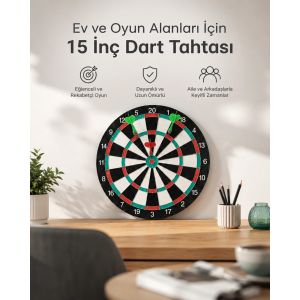 15 İnç Büyük Boy Dart Tahtası Ev Oyun Seti 4 Adet Metal Uç Oklu