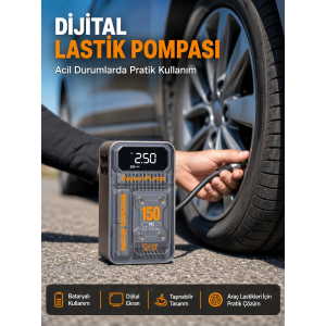 150 Psı Kablosuz Dijital Ekranlı Taşınabilir Araç Lastik Pompası