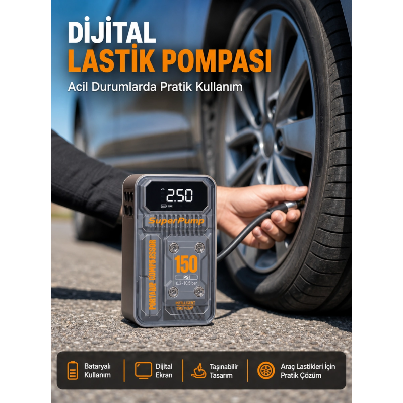 150 Psı Kablosuz Dijital Ekranlı Taşınabilir Araç Lastik Pompası 150 Psı Kablosuz Dijital Ekranlı Taşınabilir Araç Lastik Pompası