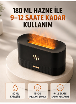 180 Ml Alev Efektli Aroma Difüzörü Ultrasonik Buharlı Aromaterapi Cihazı