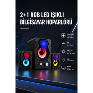 2+1 Rgb Led Işıklı Güçlü Bas Sistemli Bilgisayar Hoparlörü