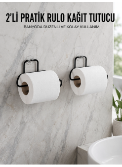 2 Adet Siyah Yapışkanlı Kağıtlık Duvar Tipi Tuvalet Kağıdı Ve Rulo Tutucu