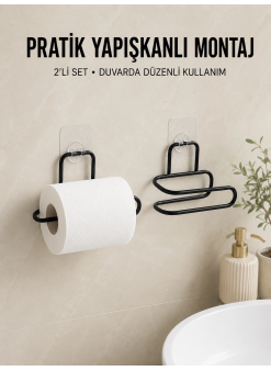2 Adet Yapışkanlı Wc Kağıtlık Siyah Metal Pratik Duvar Tipi Rulo Tutucu