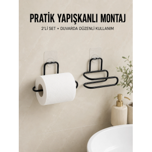 2 Adet Yapışkanlı Wc Kağıtlık Siyah Metal Pratik Duvar Tipi Rulo Tutucu