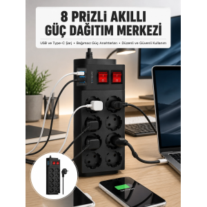 2 Metre Güçlü Çoklu Priz 8 Soket Yeni Nesil