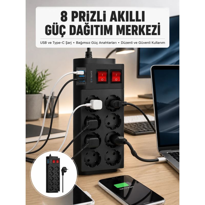 2 Metre Güçlü Çoklu Priz 8 Soket Yeni Nesil 2 Metre Güçlü Çoklu Priz 8 Soket Yeni Nesil