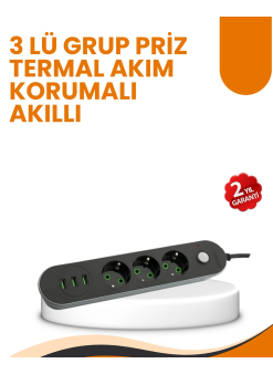 2 Metre Kablolu 3 Usb Portlu Anahtarlı Üçlü Priz