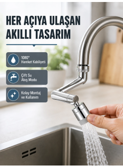 2 Modlu 1080° Dönebilen Musluk Başlığı Esnek 3 Eklemli Hareketli Tasarım
