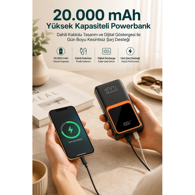 20.000 Mah Taşınabilir Şarj Cihazı Dijital Göstergeli Kablolu Powerbank 20.000 Mah Taşınabilir Şarj Cihazı Dijital Göstergeli Kablolu Powerbank
