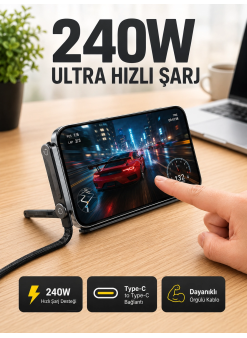 240w Type-c Telefon Standlı Örgülü Şarj Ve Data Kablosu