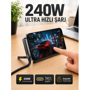 240w Type-c Telefon Standlı Örgülü Şarj Ve Data Kablosu