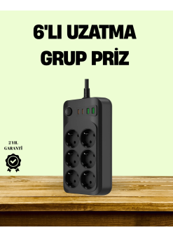 2500w Güçlü 6’lı Priz Usb Ve Type-c Çıkışlı Termal Korumalı