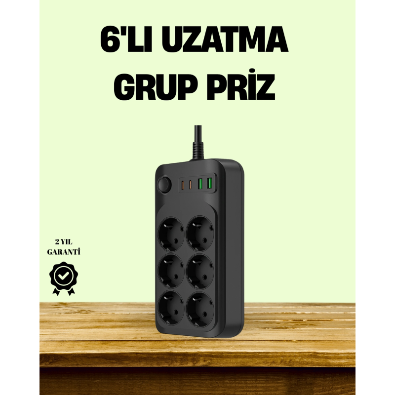 2500w Güçlü 6’lı Priz Usb Ve Type-c Çıkışlı Termal Korumalı