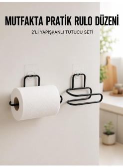 2’li Siyah Metal Rulo Kağıt Tutucu Yapışkanlı Banyo Ve Mutfak Kağıtlık