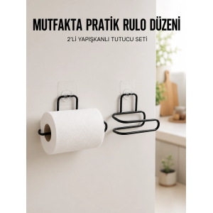 2’li Siyah Metal Rulo Kağıt Tutucu Yapışkanlı Banyo Ve Mutfak Kağıtlık