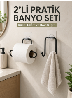 2’li Yapışkanlı Banyo Düzenleme Seti Rulo Kağıt Tutucu Ve Havlu Askılığı