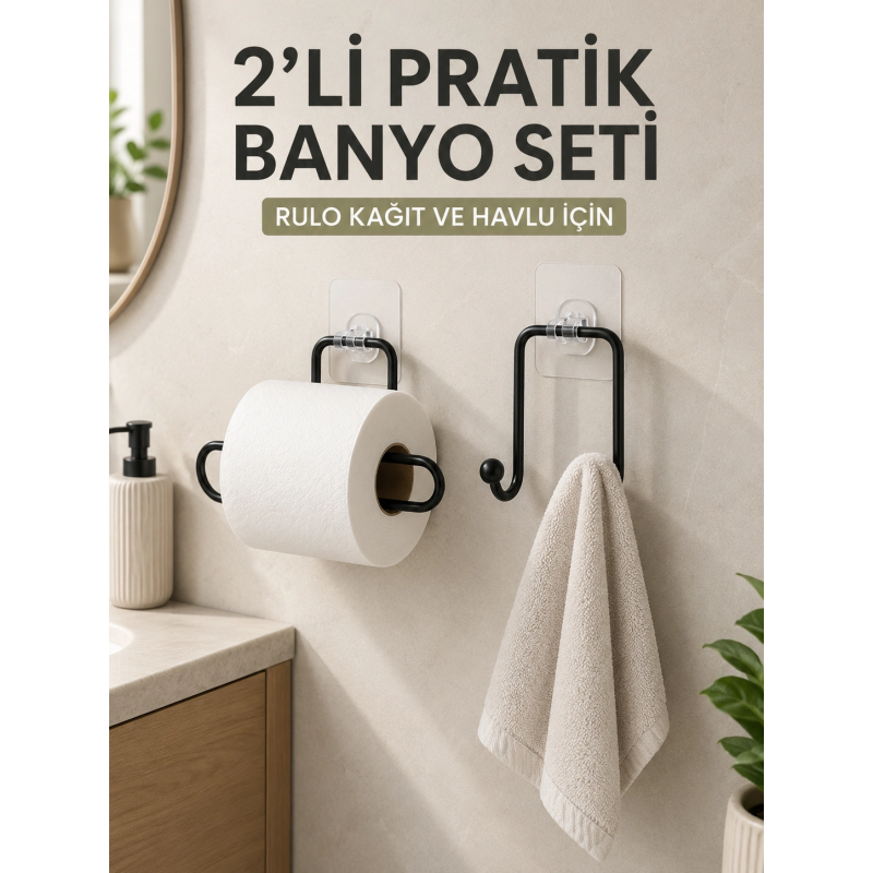 2’li Yapışkanlı Banyo Düzenleme Seti Rulo Kağıt Tutucu Ve Havlu Askılığı 2’li Yapışkanlı Banyo Düzenleme Seti Rulo Kağıt Tutucu Ve Havlu Askılığı