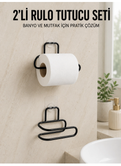 2’li Yapışkanlı Tuvalet Kağıdı Tutucu Siyah Metal Duvar Tipi Rulo Kağıtlık